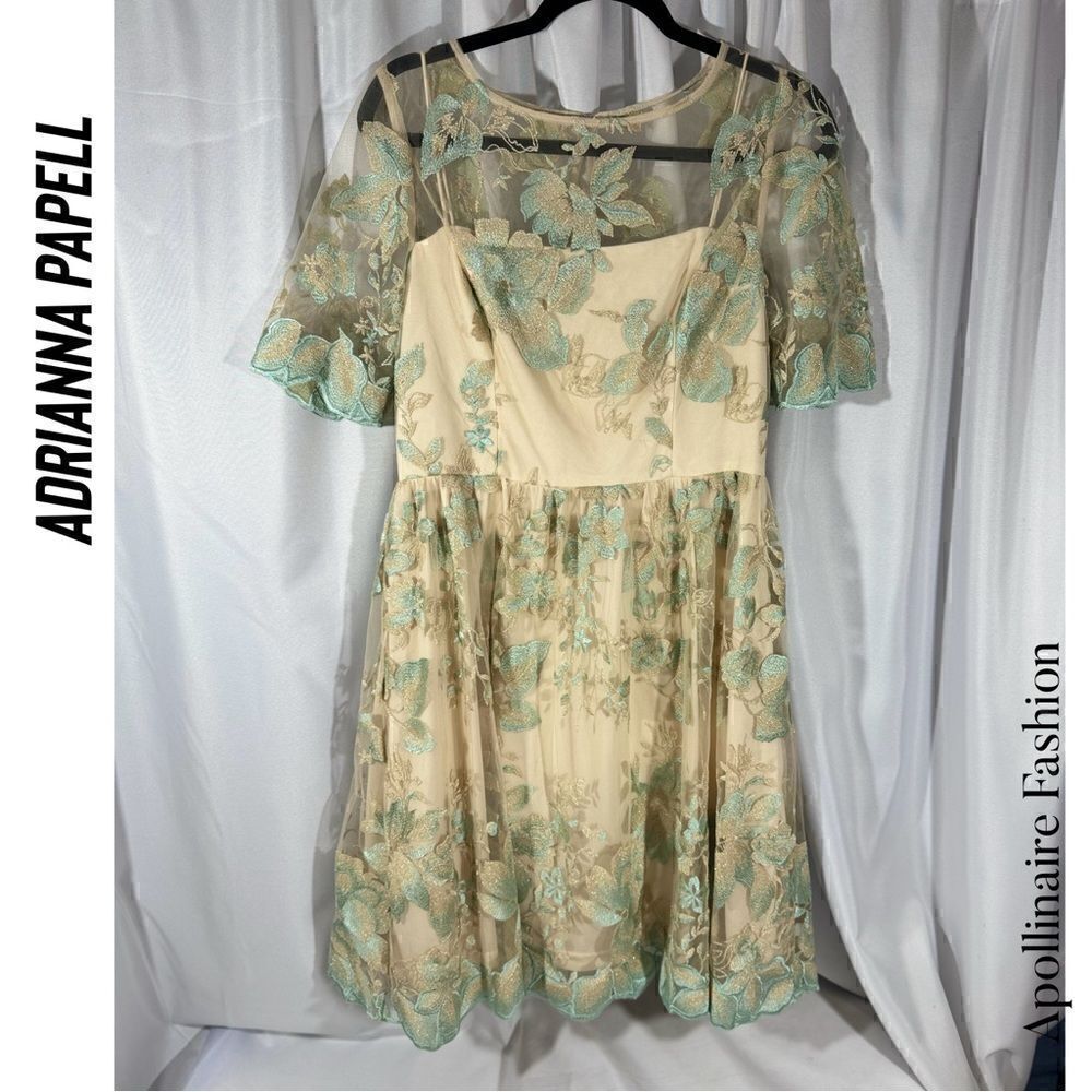 ADRIANA PAPELL NADINE MIDI DRESS IN MORNING MIST SIZE 12 NWT FLORAL EMBROIDERED - Picture 4 of 6